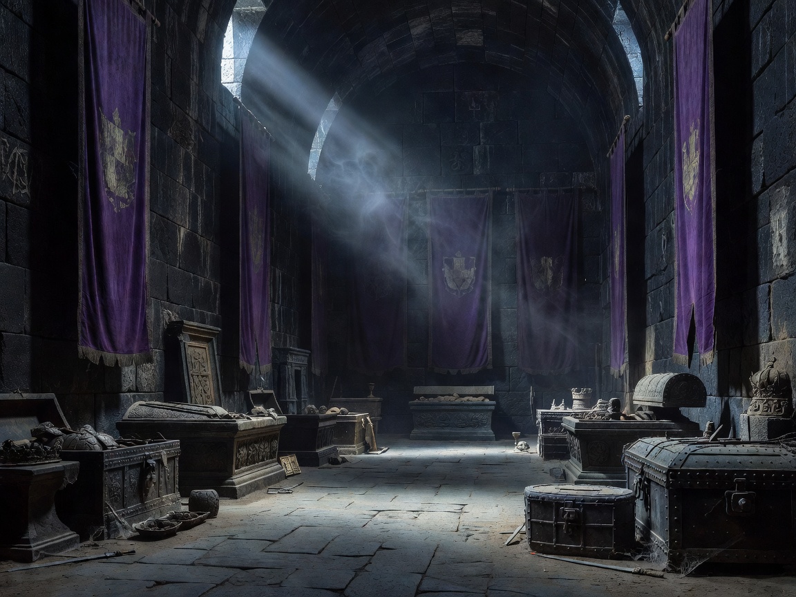 Ancient royal vault chamber with purple banners and dark stone