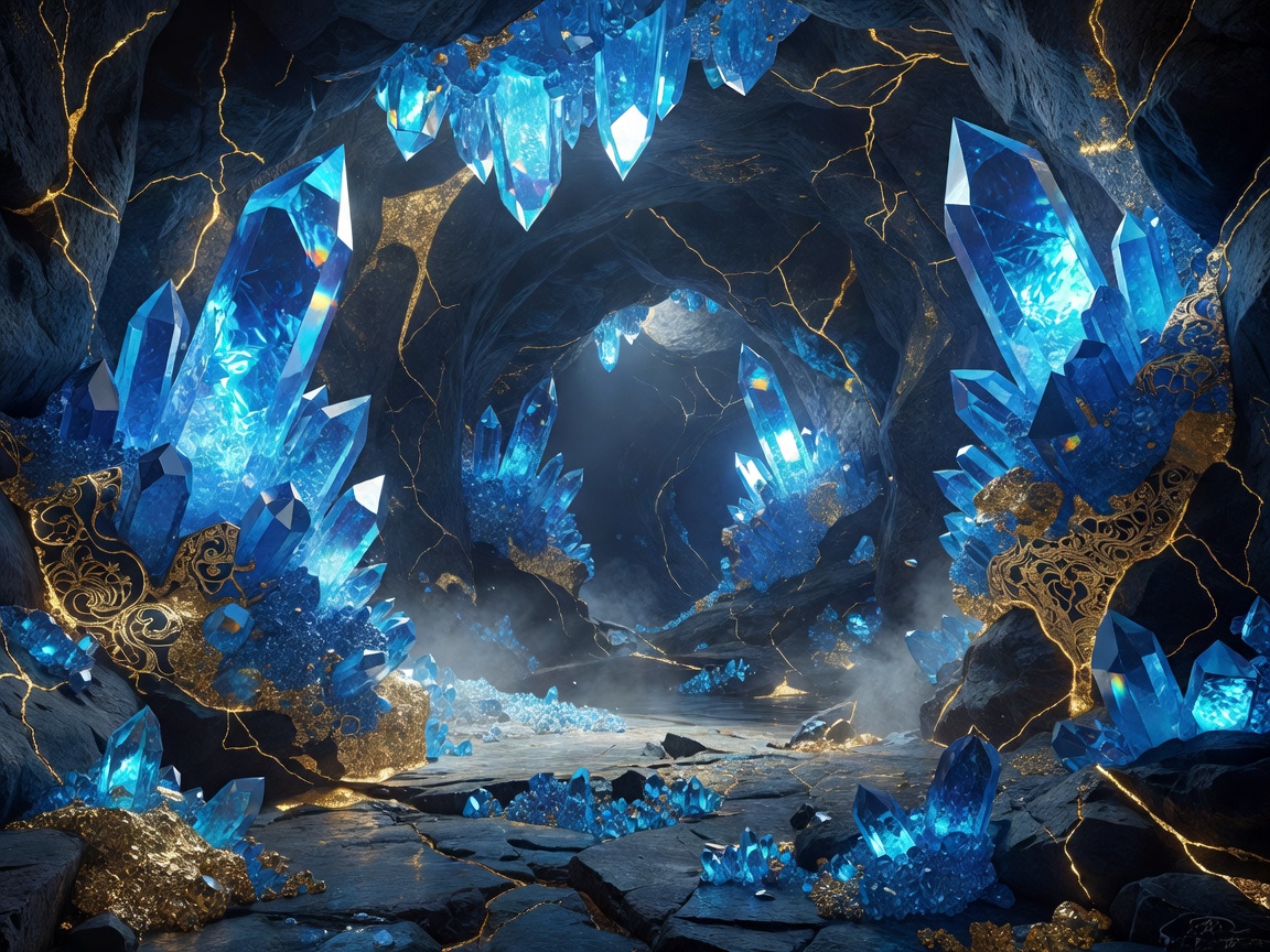 Glowing blue crystal cavern with gold accents