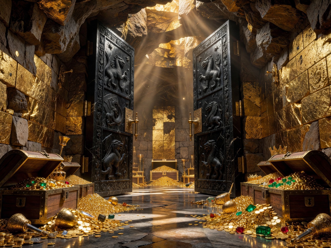 Luxury underground treasure citadel with stone doors and gold